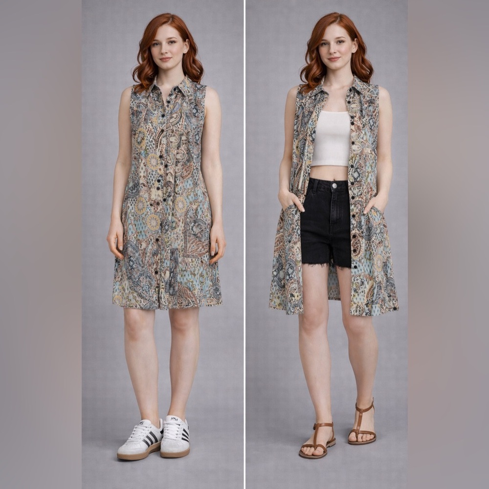 Spense Blouse Women's Small Floral Sleeveless Button Up Tank Top Artsy Boho